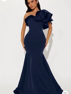 Fashion Nova Navy One-Shoulder Ruffle Mermaid Gown ONLY WORN 1 time!!!